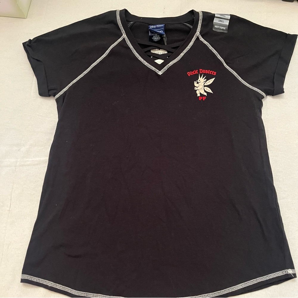 Hot Topic Black V-Neck Tee with Red and White Embroidery